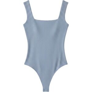 Lulus Light Blue Ribbed Square Neck Sleeveless Thong Bodysuit NWT Small